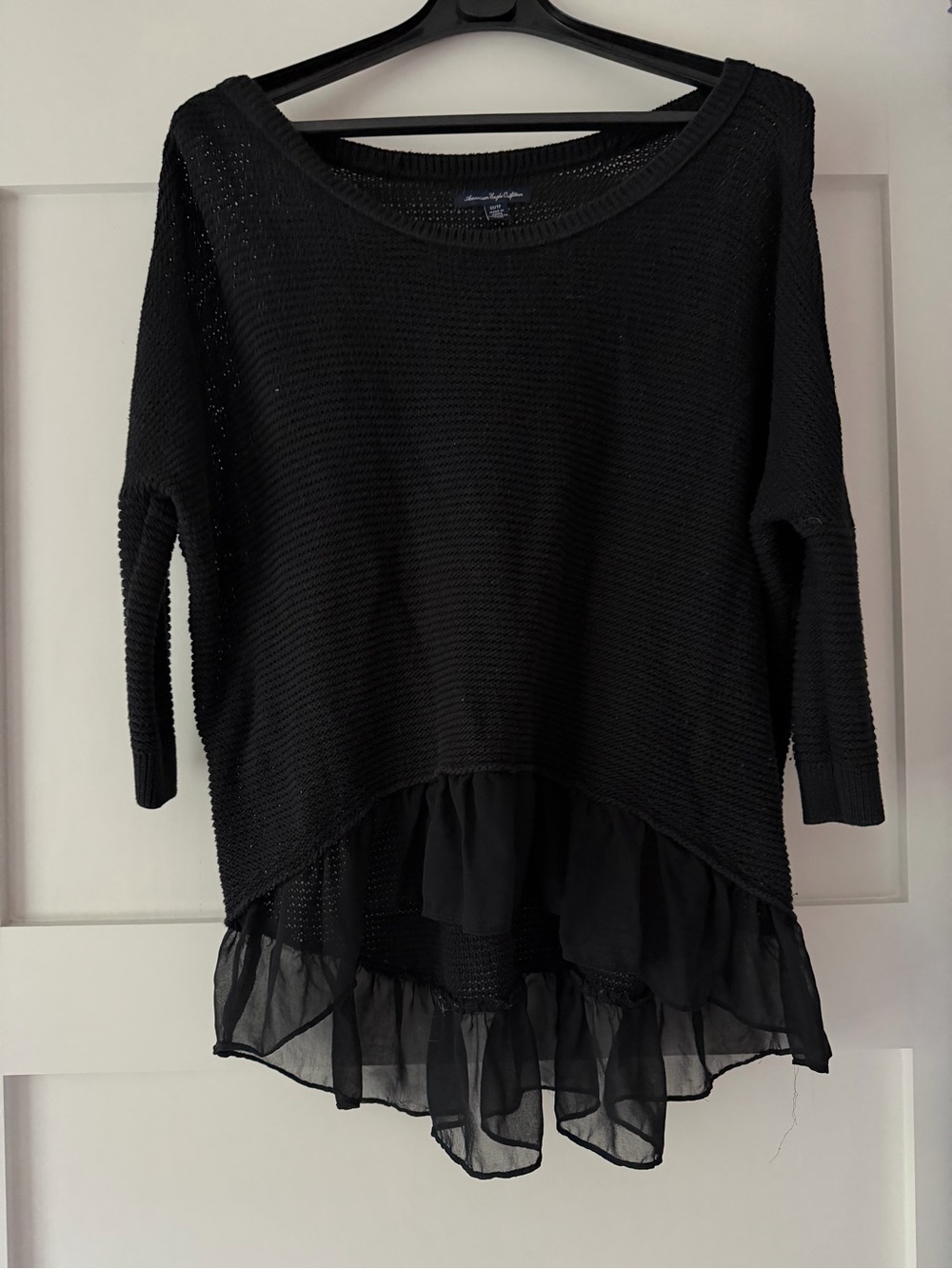 American Eagle Outfitters Black Knit Sweater with Chiffon Ruffle Hem
